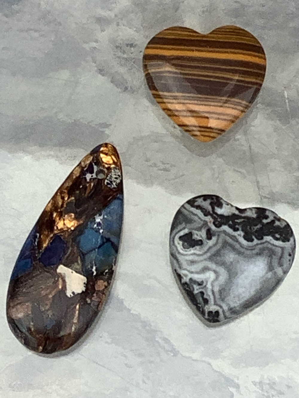 3 Polished Mixed Artificial Stones  Heart and Teardrop Cascade